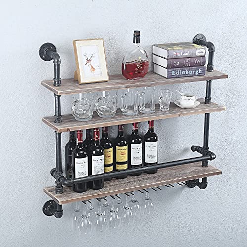 SULIANG Industrial Hanging Wine Glass Rack Wall Mounted,36in Pipe Shelf Wine Rack with 9 Glass Holder,Rustic Wine Glass Holder Stemware Racks,Pipe Shelving Wood Shelves Floating Wine Glass Shelf