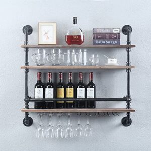 SULIANG Industrial Hanging Wine Glass Rack Wall Mounted,36in Pipe Shelf Wine Rack with 9 Glass Holder,Rustic Wine Glass Holder Stemware Racks,Pipe Shelving Wood Shelves Floating Wine Glass Shelf