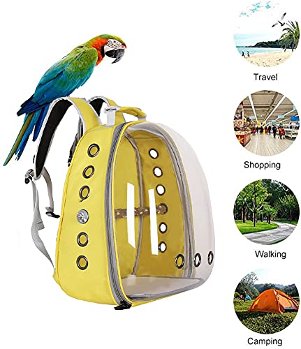 JingShi Bird Carrier Backpack Bubble Bird Travel Carrier Backpack with Standing Perch&Feeding Bowl Pet Parrot Space Capsule Transparent Backpack Breathable 360degree Sightseeing (Yellow)