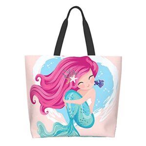 famame cute mermaid girl canvas tote bag large women casual shoulder bag handbag reusable multipurpose shopping grocery bag for outdoors