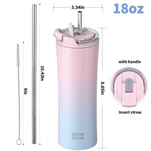 BOTTLE BOTTLE Insulated Coffee Tumblers with Dual-use Lid and Straw Double Walled Iced Travel Coffee Mug for Woman and Man 18 oz Stainless Steel Tumbler with Handle(Pink Blue