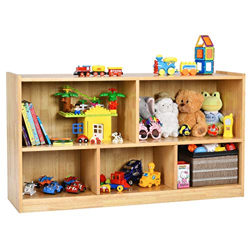 Costzon 2-Shelf Bookcase for Kids, School Classroom Wooden Storage Cabinet for Organizing Books Toys, 5-Section Freestanding Daycare Shelves for Home Playroom, Hallway & Kindergarten