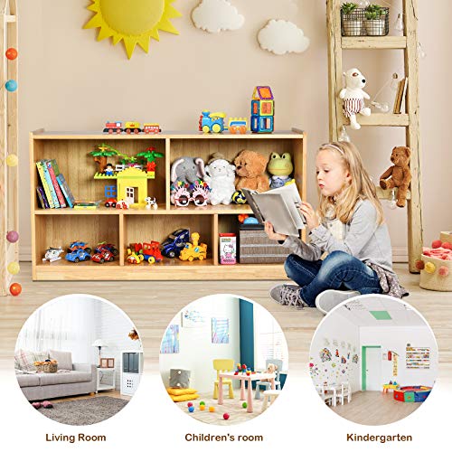 Costzon 2-Shelf Bookcase for Kids, School Classroom Wooden Storage Cabinet for Organizing Books Toys, 5-Section Freestanding Daycare Shelves for Home Playroom, Hallway & Kindergarten