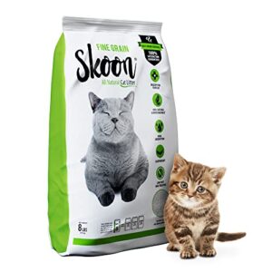 (1 bag) skoon all-natural fine grain cat litter, unscented & safe for kittens. light-weight, non-clumping, low maintenance. absorbs & seals liquids for best odor control. self-cleaning box compatible.