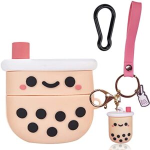 cute airpods pro case cover with keychain,girly pink boba milk tea silicone protective shockproof compatible with airpods pro charging case for girls