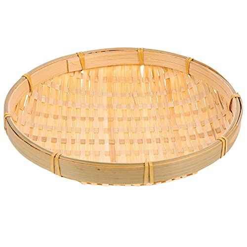 DOITOOL Round Serving Tray Bamboo Woven Round Basket Tray Wood Decorative Serving Tray for Breakfast Drinks Snack Coffee Table Decor Wall Hanging Home Decoration Round Wicker Tray