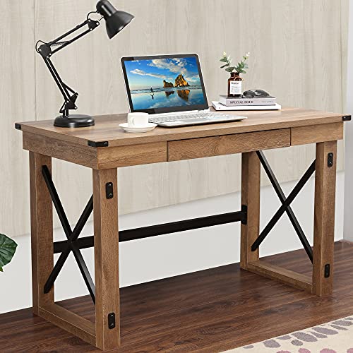 LOKATSE HOME Rustic Furniture Sturdy Modern Computer Table for Home Office, Wood and Metal Writing Desk with Drawer, Natural