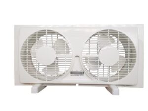 joey'z 9-inch twin window fan with manual reversible airflow control, auto-locking expanders, and 2-speed fan switch (min. 22.4" max. 34.3") expanders and leg stands included