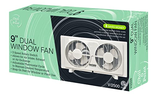 JOEY'Z 9-inch Twin Window Fan with Manual Reversible Airflow Control, Auto-Locking Expanders, and 2-Speed Fan Switch (Min. 22.4" Max. 34.3") Expanders and Leg Stands Included