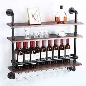 suliang industrial hanging wine glass rack wall mounted,36in pipe shelf wine rack with 9 glass holder,rustic wine glass holder stemware racks,pipe shelving wood shelves floating wine glass shelf