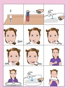 girls tooth brushing hom aba/ot approved step-by-step laminated 9x12 chart for kids with autism or special needs. helps with independence and self care. pecs, autism, visual schedules