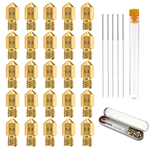 25PCS 0.4MM MK8 3D Printer Brass Extruder Nozzles with 5 Cleaning Needles and Metal Storage Box for Creality Ender 3 Ender 3 pro Ender 5 CR-10 MK8 Makerbot Anet A8 Anet A6