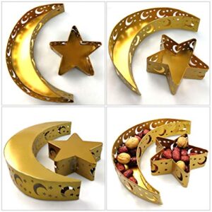 PRETYZOOM 2pcs Crescent Moon Star Tray Ramadan Eid Mubarak Trays Platters Moon Star Dinner Plate Tableware Dessert Food Serving Tray Ramadan Muslim Islamic Party Supply Golden