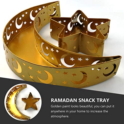 PRETYZOOM 2pcs Crescent Moon Star Tray Ramadan Eid Mubarak Trays Platters Moon Star Dinner Plate Tableware Dessert Food Serving Tray Ramadan Muslim Islamic Party Supply Golden