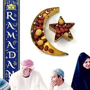 PRETYZOOM 2pcs Crescent Moon Star Tray Ramadan Eid Mubarak Trays Platters Moon Star Dinner Plate Tableware Dessert Food Serving Tray Ramadan Muslim Islamic Party Supply Golden