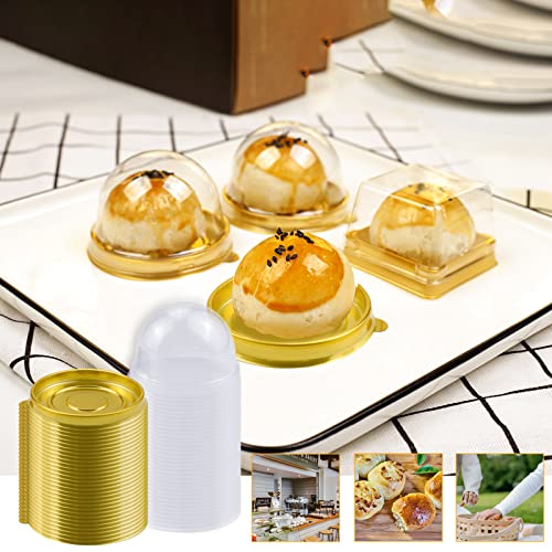 Pralb 100 Set Clear Plastic Mini Cupcake Boxes Muffin Pod Dome Muffin Single Container Box Wedding Birthday Gifts Supplies,3.1“ X 2” for Cheese Pastry Dessert Mooncake (round, gold)