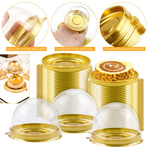 Pralb 100 Set Clear Plastic Mini Cupcake Boxes Muffin Pod Dome Muffin Single Container Box Wedding Birthday Gifts Supplies,3.1“ X 2” for Cheese Pastry Dessert Mooncake (round, gold)