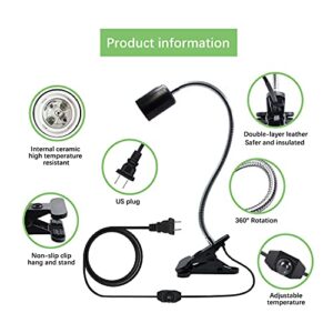 Tank Heat Light,Porcelain Reptile Heat Lamp,Turtle Basking Spot Lamp,Pet Habitat Clamp Clip On Heat Lamp, Aquarium UVA/UVB Light Lamp Holder with 86.6in Cable Dimmable Switch for Lizard Snake(No Bulb)