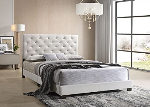 Happy Homes Lexi Upholstered Bed Frame with Headboard /Diamond Button Tufted /Faux Leather /Wood Slats Included /Easy Assembly/Box Spring Platform Needed /Works with Memory Foam Mattress Twin White