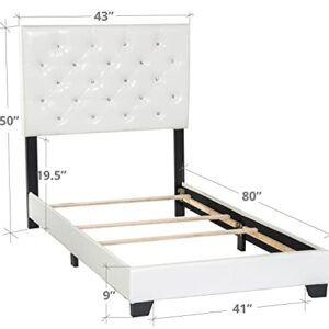 Happy Homes Lexi Upholstered Bed Frame with Headboard /Diamond Button Tufted /Faux Leather /Wood Slats Included /Easy Assembly/Box Spring Platform Needed /Works with Memory Foam Mattress Twin White