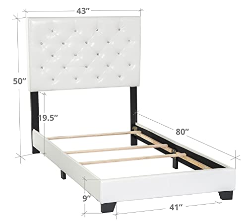 Happy Homes Lexi Upholstered Bed Frame with Headboard /Diamond Button Tufted /Faux Leather /Wood Slats Included /Easy Assembly/Box Spring Platform Needed /Works with Memory Foam Mattress Twin White