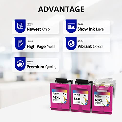 FASTINK for HP 63 XL 63XL Remanufactured Ink Cartridge for OfficeJet 5258 5255 4650 3830 4655 4652 3634 Envy 4520 Deskjet 1112 3636 Printer (1 Print Head, 3 Color Inkwell)