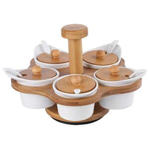 ceramic condiment jar pots 5 pcs set durable round shape seasoning jar with holder,spoon and bamboo lids for home kitchen