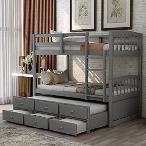harper & bright designs twin over twin bunk bed with trundle and storage, solid wood bunk bed frame with 3 drawers for kids, teens, adults (gray)