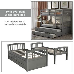 Harper & Bright Designs Twin Over Twin Bunk Bed with Trundle and Storage, Solid Wood Bunk Bed Frame with 3 Drawers for Kids, Teens, Adults (Gray)