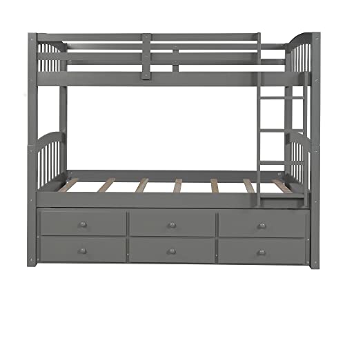 Harper & Bright Designs Twin Over Twin Bunk Bed with Trundle and Storage, Solid Wood Bunk Bed Frame with 3 Drawers for Kids, Teens, Adults (Gray)