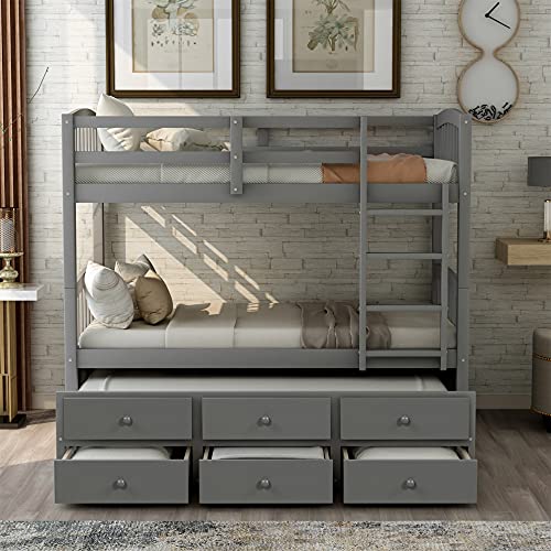 Harper & Bright Designs Twin Over Twin Bunk Bed with Trundle and Storage, Solid Wood Bunk Bed Frame with 3 Drawers for Kids, Teens, Adults (Gray)