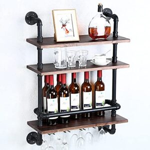 industrial hanging wine glass rack wall mounted,24in pipe shelf wine rack with 5 glass holder,rustic wine glass holder stemware racks,pipe shelving wood shelves floating wine glass shelf