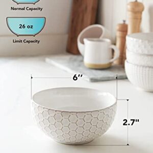 LE TAUCI Cereal bowls 26 OZ, Ceramic Soup Bowl for Kitchen, Embossment Stoneware Bowl House-warming Gift for Soup, Pho, Chip, Fruits, Salad, Noodle, Ramen - 6 Inch, Set of 4, Arctic white