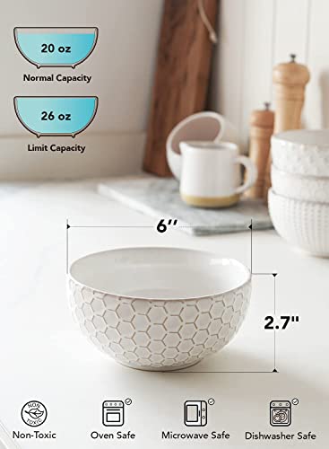 LE TAUCI Cereal bowls 26 OZ, Ceramic Soup Bowl for Kitchen, Embossment Stoneware Bowl House-warming Gift for Soup, Pho, Chip, Fruits, Salad, Noodle, Ramen - 6 Inch, Set of 4, Arctic white