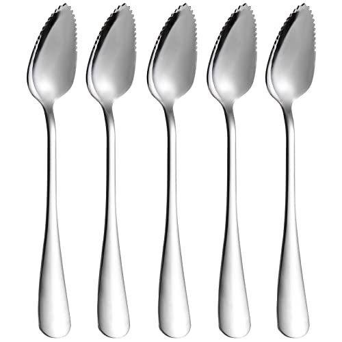 5 PCS Grapefruit Spoons, Stainless Steel Grapefruit Spoon Utensil Set, Serrated Edge & Thick Gauge Handle, Silver Kitchen Tool with Non-stick Plating for Kiwi, Dessert, Apple, Citrus Fruit