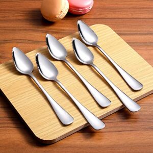 5 PCS Grapefruit Spoons, Stainless Steel Grapefruit Spoon Utensil Set, Serrated Edge & Thick Gauge Handle, Silver Kitchen Tool with Non-stick Plating for Kiwi, Dessert, Apple, Citrus Fruit