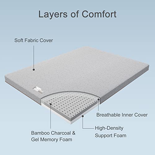 BedStory 4 Inch Memory Foam Mattress Topper Queen, Gel & Bamboo Charcoal Infused Bed Toppers, Foam Mattress Pad with Breathable Removable Cover, High-Density Memory Foam