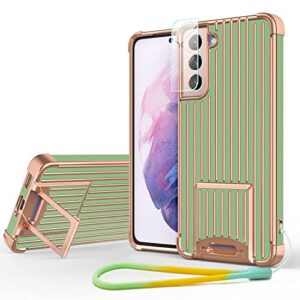 ptuoniu kickstand case for samsung galaxy s21+ plus, [two-way stand] [reinforced drop protection] [anti-scratch] slim shockproof stand case with camera protector+strap for samsung s21+ plus-green