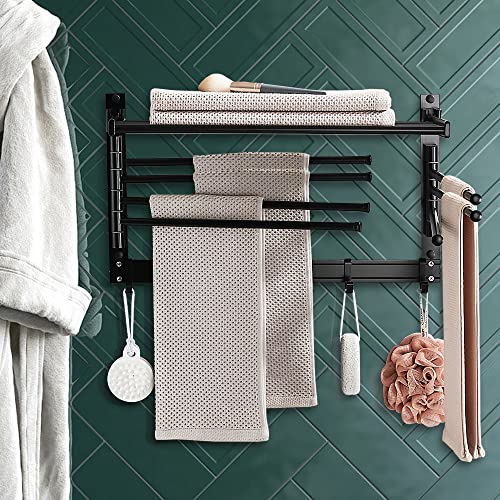 AUROPEAK Clothes Drying Rack Wall Mounted, Laundry Drying Rack Clothing, Drying Racks for Laundry with Swivel Towel Arms and Hanging Hooks, Space Organization for Laundry Room, Bathroom, Aluminum