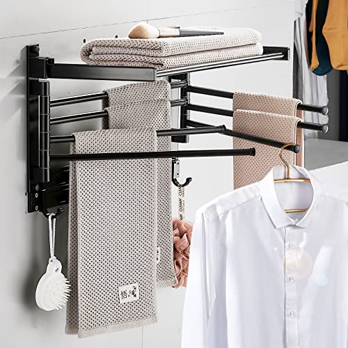 AUROPEAK Clothes Drying Rack Wall Mounted, Laundry Drying Rack Clothing, Drying Racks for Laundry with Swivel Towel Arms and Hanging Hooks, Space Organization for Laundry Room, Bathroom, Aluminum