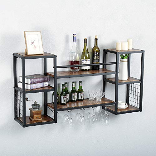 SUJIN Industrial Hanging Wine Rack Wall Mounted with 5 Stem Glass Holder,Rustic Wine Glass Rack Wine Glass Shelf,Floating Shelves Wine Bottle Holder