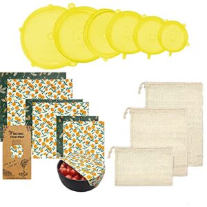 15 pack - eco-friendly, reusable, & washable container set of beeswax food wraps, airtight silicone lids & natural kitchen produce bags | 6 - beeswax wraps, 6 - silicone lids and 3 - produce bags (all in different sizes)