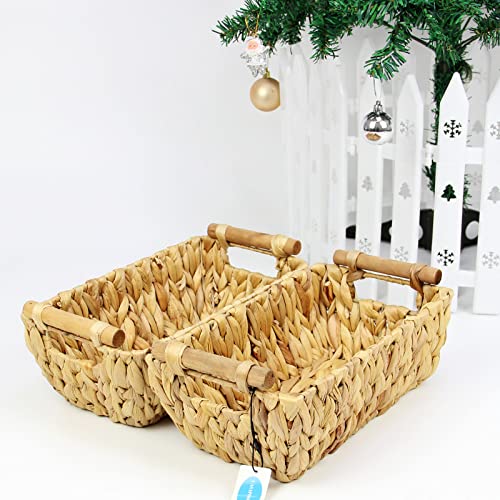 Casaphoria Small Square Irregular Hyacinth Storage Baskets Natural Hand Woven Water Hyacinth Snacks Fruits Basket Durable Trapezoid Sundries Baskets with Built-in Wooden Handles towel Basket，2-Pack