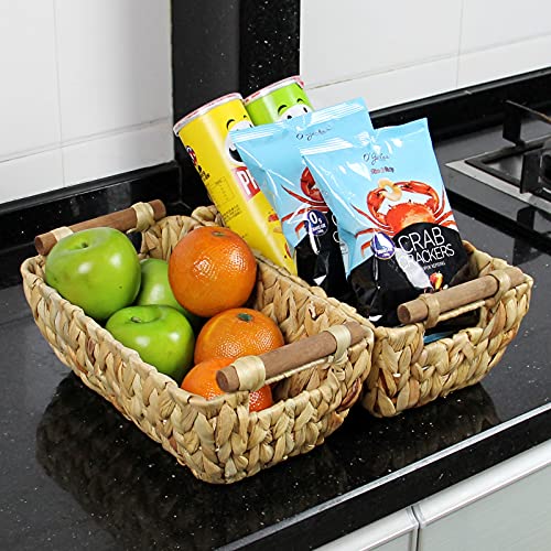 Casaphoria Small Square Irregular Hyacinth Storage Baskets Natural Hand Woven Water Hyacinth Snacks Fruits Basket Durable Trapezoid Sundries Baskets with Built-in Wooden Handles towel Basket，2-Pack