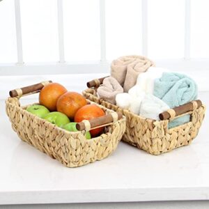 Casaphoria Small Square Irregular Hyacinth Storage Baskets Natural Hand Woven Water Hyacinth Snacks Fruits Basket Durable Trapezoid Sundries Baskets with Built-in Wooden Handles towel Basket，2-Pack