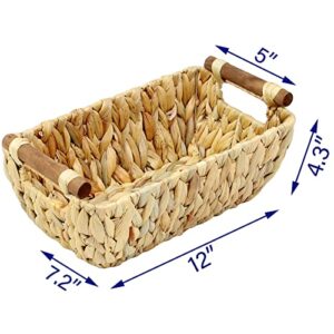 Casaphoria Small Square Irregular Hyacinth Storage Baskets Natural Hand Woven Water Hyacinth Snacks Fruits Basket Durable Trapezoid Sundries Baskets with Built-in Wooden Handles towel Basket，2-Pack