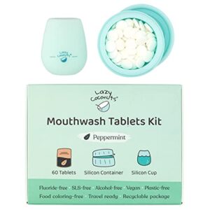 lazy coconuts mouthwash tablets kit - with silicon cup and travel container - effervescent with peppermint and baking soda - fluoride free, alcohol-free, vegan, solid mouthwash - great kids mouthwash