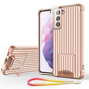 ptuoniu kickstand case for samsung galaxy s21 5g, [two-way stand] [reinforced drop protection] [anti-scratch] slim shockproof stand case with camera protector+silicone strap for samsung s21- gold