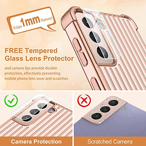 PTUONIU Kickstand Case for Samsung Galaxy S21 5G, [Two-Way Stand] [Reinforced Drop Protection] [Anti-Scratch] Slim Shockproof Stand Case with Camera Protector+Silicone Strap for Samsung S21- Gold