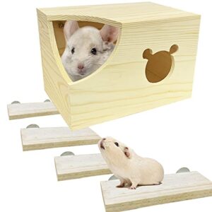 kathson wood chinchilla house natural handcrafted guinea pig hideout small animals hut with window and wooden climbing platform x 4 for guinea pigs chinchilla squirrel hedgehog